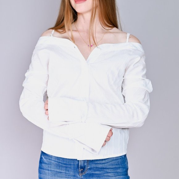 ALPHA & OMEGA White Off-Shoulder Shirt Blouse - Picture 6 of 7